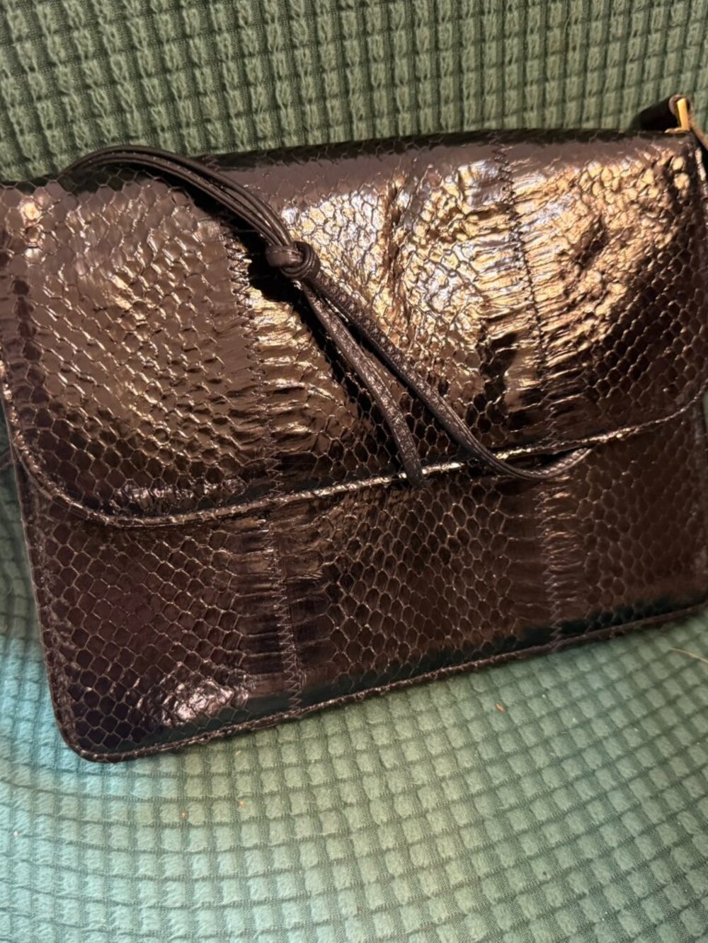 Vintage Holt Renfrew black leather clutch bag with strap & brass trim